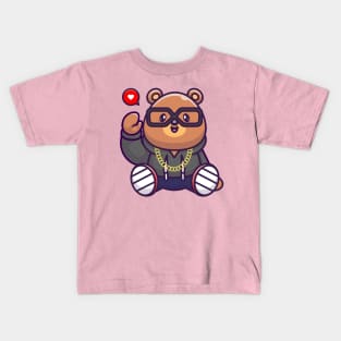 Cute Cool Bear Waving Hand And Wearing Hoodie Cartoon Kids T-Shirt